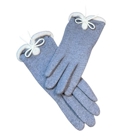 Blue White Fur Cuff Bow Touch Screen Gloves Medium - Picture 6 of 10